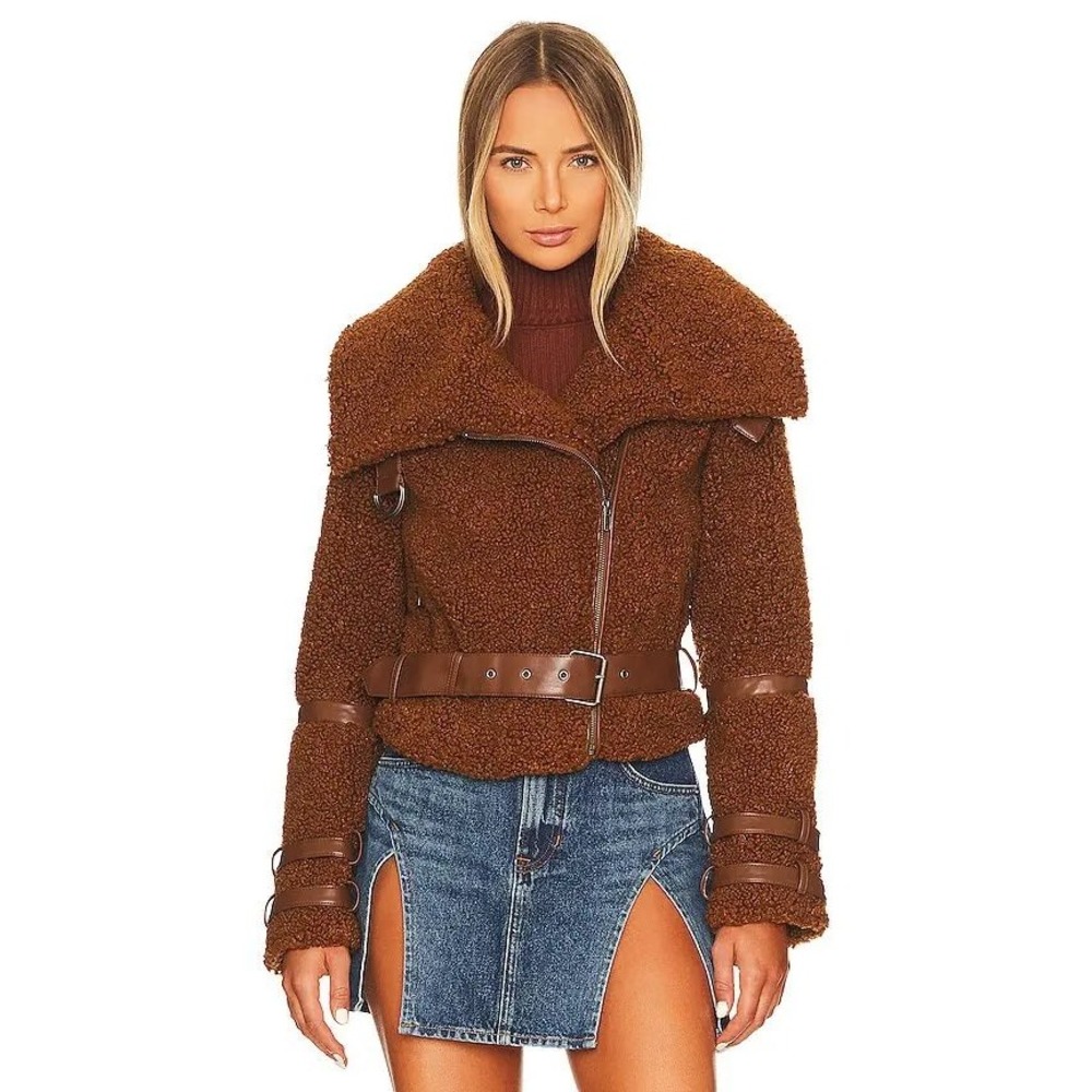 Tularosa Bailey Brown Teddy Faux Fur Moto Jacket Belted Asymmetrical Zip Size M
